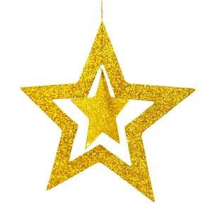 Golden glitter star hanging decorations with hollow double-layer design for Christmas