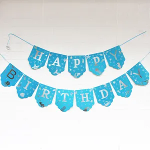 Blue glitter Ocean Happy Birthday banner with silver sea animal patterns for party decor