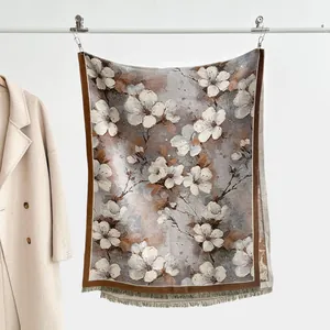 Thick warm cashmere-feel scarf with vintage purple oil painting floral print and tassels