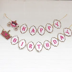 Prinzessin Prinz Thema Happy Birthday Banner Glitzer Gold Krone Kinderwagen Schloss Papier Girlande Für Babyparty Ersten Geburtstag Party Deko