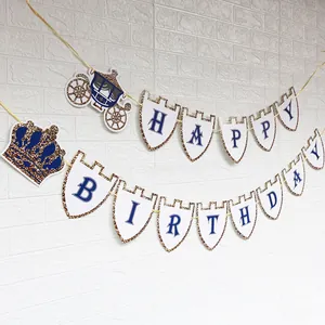 Blau-goldene Happy Birthday Girlande mit Krone und Kutsche für Babyparty Dekoration
