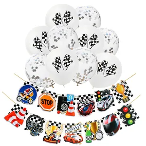 Racing party decorations set featuring checkered balloons and multi-car themed banners