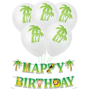 Jungle theme happy birthday banner with tropical animals and palm tree printed balloons
