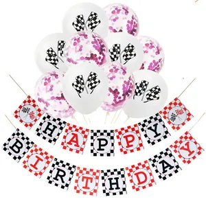 Racing themed birthday decoration set with checkered flags and latex balloons