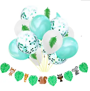 Jungle safari party decoration set with green balloons and animal leaf banner banner