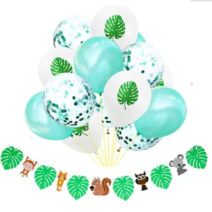 Jungle safari party decorations set with green balloons and animal leaf banners