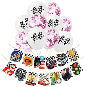 Racing party decorations with checkered balloons and motorsport themed pennant banners