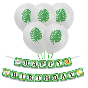 Jungle theme birthday party set with forest animal banner and leaf printed balloons