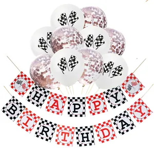 Racing party decorations with checkered flags and Happy Birthday banners for motor enthusiasts