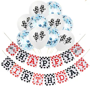 Racing themed birthday decoration set with checkered flags, balloons and happy birthday banner