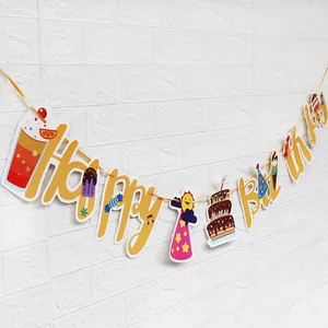 Gelbes Happy Birthday Banner mit bunten Sommermotiven wie Kuchen und Eiscreme-Deko