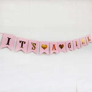 Rosa und goldene It's a Girl Girlande mit Schwalbenschwanz-Flaggen für Babypartys