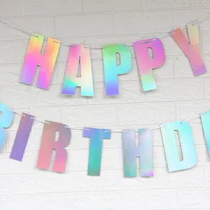Bannière Happy Birthday laser irisée avec effet arc-en-ciel pour décor de fête