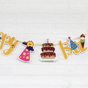 Gelbe Happy Birthday Girlande Set mit Kuchen, Sonne, Partyhut und Eiscreme-Motiven