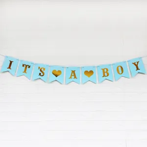 Blaue 'It's a Boy' Babyparty-Girlande mit goldenen Glitzerbuchstaben für Jungen-Partys