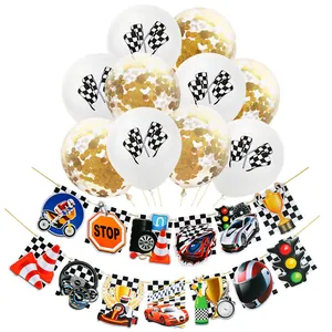 Racing party set with checkered balloons, gold confetti, and motor sport banner detail