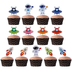 Décorations de Gâteaux Astronaute Pailletées Thème Espace OVNI Fusée Cupcake Picks pour Anniversaire d'Enfants Décorations de Gâteaux