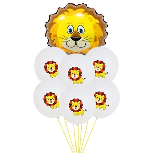 Détail de l'ensemble ballon lion en aluminium et six ballons en latex imprimés