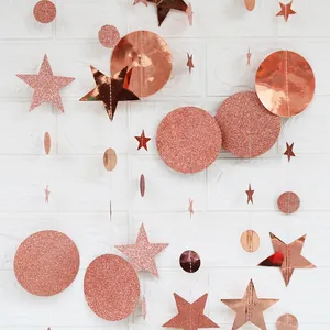 Rose gold glitter star and circle garland bunting for festive wall hanging decor
