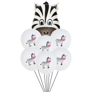 Détail du set de ballons zèbre avec tête géante en alu et ballons en latex cartoon