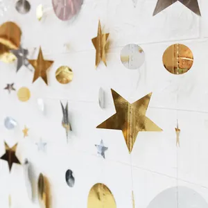 Golden and silver mirror star and circle garland hanging decoration for festive parties