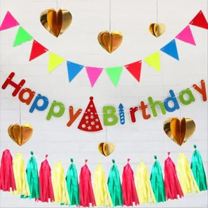 Regenbogen Happy Birthday Banner Set mit bunten Wimpeln und Quasten für Partys