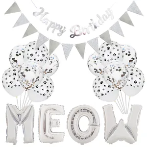 Kit décoration fête MEOW avec ballons pattes de chat et bannière Joyeux Anniversaire
