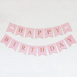 Bannière Joyeux Anniversaire Cygne Rose Lettres Or Pailletées Guirlande de Fanions pour Décoration Murale de Fête de Fille