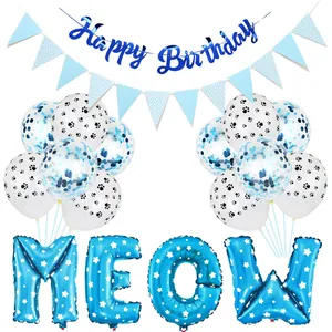 Kit de fête d'anniversaire pour chat bleu avec ballons MEOW et motifs de pattes