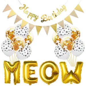 Kit décoration anniversaire chat MEOW doré avec ballons et bannière Happy Birthday
