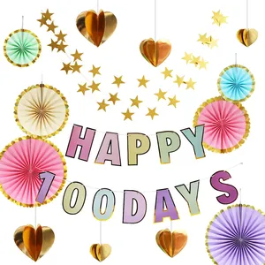 Macaron Happy Birthday Banner Happy 100 Days Zugfahne Laser Silber Party Dekoration Und Papierfächer Stern Herz Anhänger
