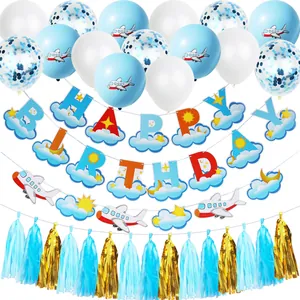 Kit anniversaire thème avion bleu avec ballons en latex et bannière Happy Birthday