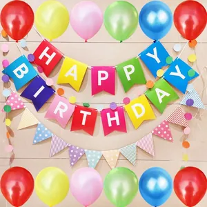 Regenbogen Happy Birthday Banner Ballons Quasten Papier Schwalbenschwanz Dreieck Fahnen Für Geburtstag Party Wanddekoration