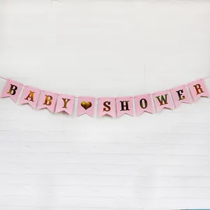 Roze Baby Shower banner met gouden letters en hartpatronen voor feestdecoratie