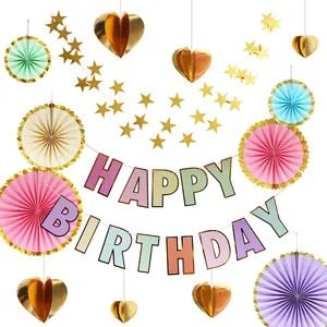 Regenbogen Happy Birthday Banner Set mit Goldsternen, Herzanhängern und bunten Papierfächern