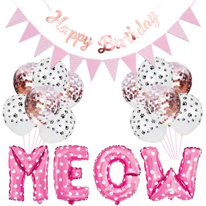 Décoration fête d'anniversaire chat rose avec ballons MEOW et bannière joyeuse