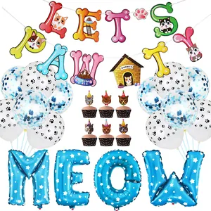 Kit déco fête d'anniversaire pour chien avec ballons MEOW et bannière LET'S PAWTY