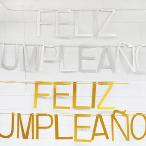 Χρυσό και ασημένιο γκλίτερ Feliz Cumpleaños Ισπανικό πανό γενεθλίων διακόσμηση