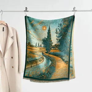 Thick warm cashmere-like scarf with impressionist oil painting pattern and tassels