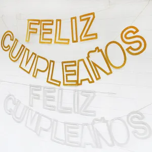 Ισπανικό Πανό Γενεθλίων Feliz Cumpleaños Χρυσό Ασημί Γκλίτερ Χαρτί Διακόσμηση Για Πάρτι Γενεθλίων Κρεμαστή Γιρλάντα