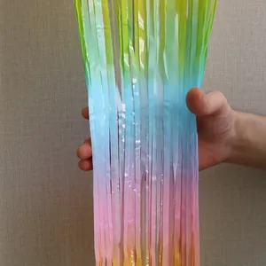 Detail shot of colorful gradient tinsel foil fringe curtain for party wall decoration