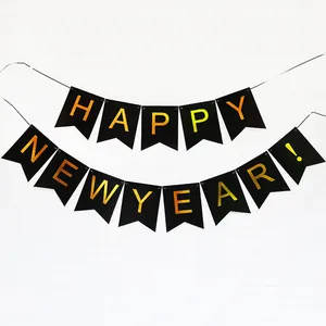 Bannière Bonne Année Marquage à l'Or Guirlande de Fanions en Papier Drapeau Suspendu pour Décoration de Fête de Nouvel An