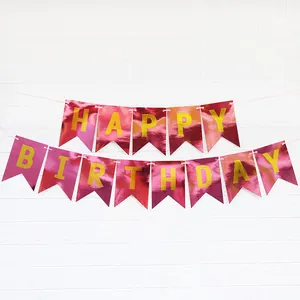 Striscione di compleanno olografico rosa con lettere dorate per decorazione festa