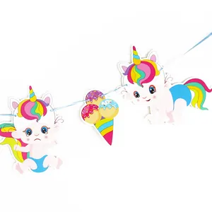 Banderole d'anniversaire licorne et glace colorée en papier cartonné de qualité