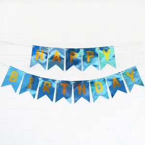 Striscione Happy Birthday laser blu con lettere dorate per decorazioni di festa