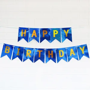 Striscione Happy Birthday blu laser con lettere dorate per decorazioni di compleanno