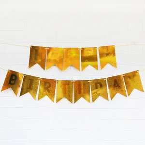 Striscione Happy Birthday glitterato oro con bandiere a coda di rondine per feste
