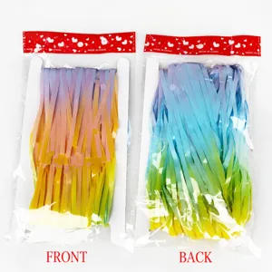 Front and back detail of gradient foil fringe curtain in packaging for party decor