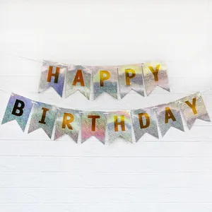 Striscione Happy Birthday laser iridescente con lettere dorate per decoro festa