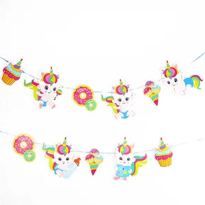 Bannière Fête Anniversaire Licorne Bébé Guirlande Dessert Beignet Glace pour Décoration Suspendue Chambre Enfant Baby Shower